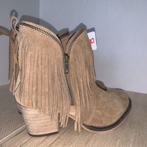 Dingo Tangles Fringe Western Boho Zipper Suede Booties Women's Brown Cowgirl 7.5